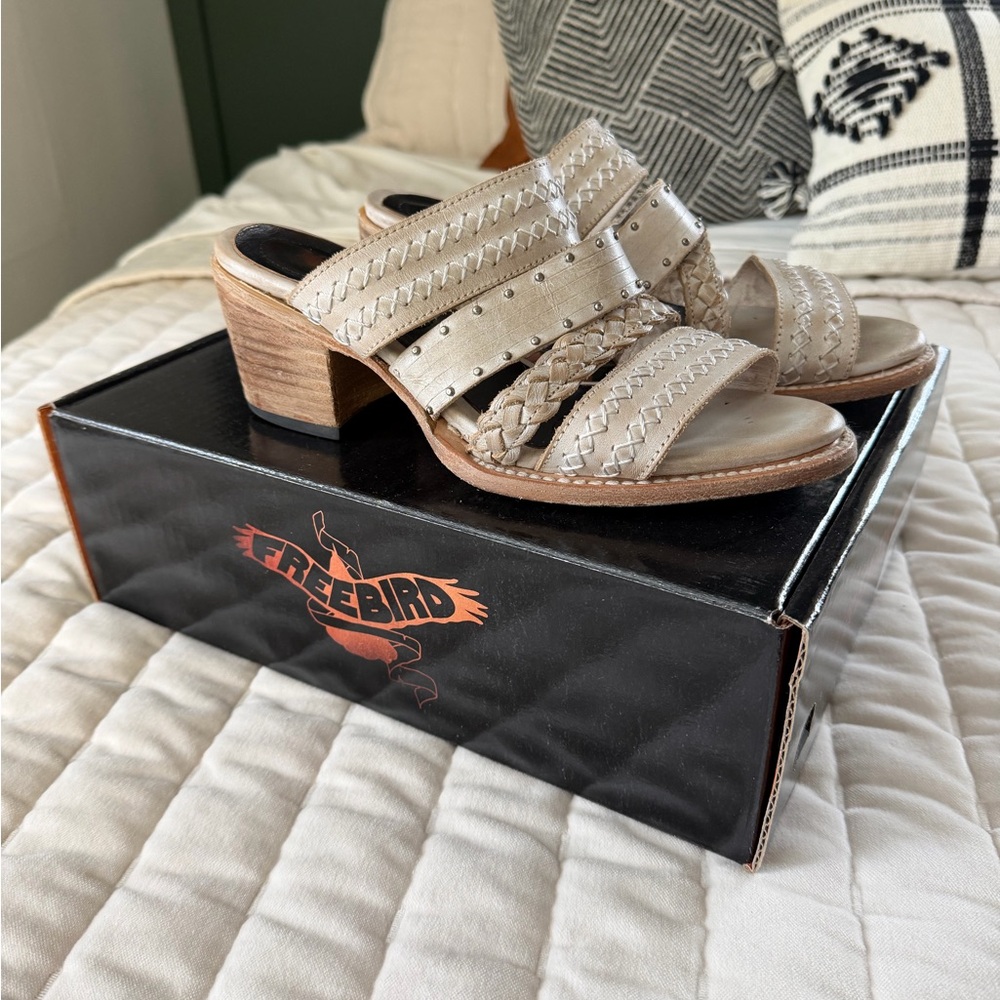Freebird by Steven Neutral Braided Leather Block Heel Mules